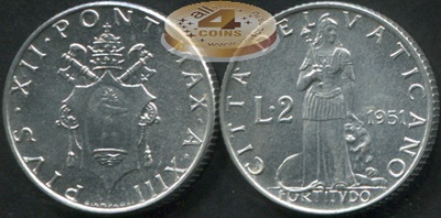 Ватикан. 2 лиры. 1951 (Unc)