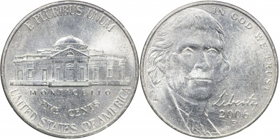 США. Монета 5 центов [Никель]. 2006.P (KM#381. Unc) Возвращение Монтичелло