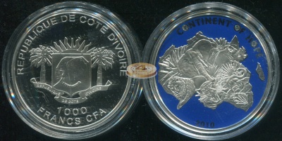 Кот-Д'Ивуар. 1000 франков. 2010 (Proof. Эмаль. Серебро)