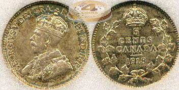 Канада. 5 центов. 1918 (aUnc-58. Серебро. Слаб)