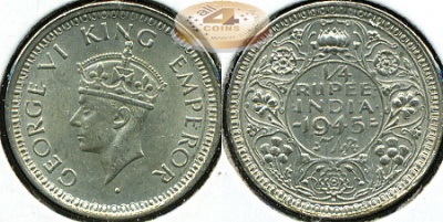 Британская Индия. 1/4 рупии. 1945 (Unc)