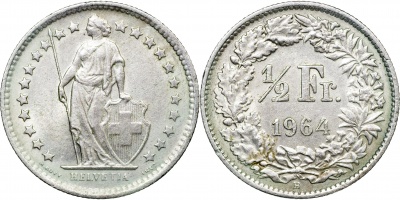 Швейцария. Монета 1/2 франка. 1964.B (KM#23. aUnc. Серебро)