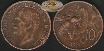 Италия. 10 центезимо. 1921 (aXF)