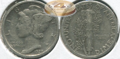 США. Монета 10 центов [Дайм]. 1927 (KM#140. aXF. Серебро) Winged Liberty (Mercury) dime