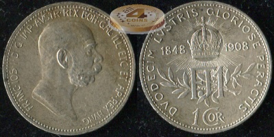 Австро-Венгрия (Австрия). 1 крона. 1908 (aUnc. Серебро)