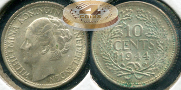 Нидерланды. 10 центов. 1944.S (aUnc. Серебро)