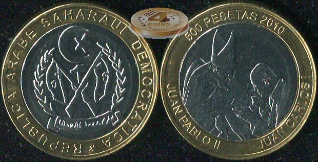 Республика Сахара. Монета 500 песет. 2010 (KM#NL. Unc. Биметалл) Иоан Павел II и Хуан Карлос I