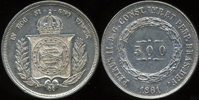 Бразилия. 500 рейс. 1861 (aUnc. Серебро)
