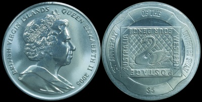Британские Виргинские о-ва. 5 долларов. 2005 (Unc. Этуи, сертификат) Перевернутый лебедь