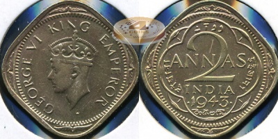 Британская Индия. 2 анна. 1943 (aXF)