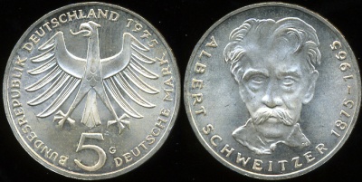 Германия [ФРГ]. 5 марок. 1975.G (Unc. Серебро)