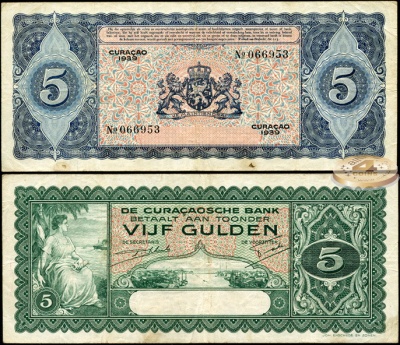 Кюрасао. Банкнота 5 гульденов. 1939. VF. Бумага. Кат.# P.22
