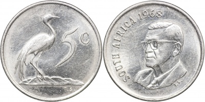Южная Африка. Монета 5 центов. 1968 (KM#76.1. aUnc) Президент Чарльз Сварт
