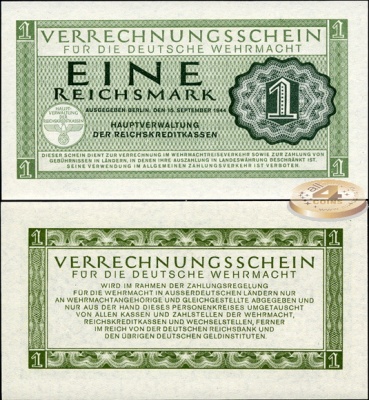 Германия (3й рейх, Вермахт). 1 рейхсмарка (Unc) 1944