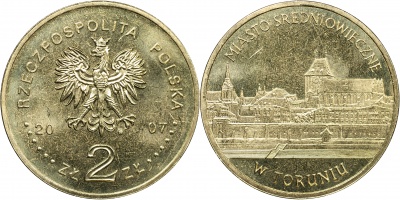 Польша. Монета 2 злотых. 2007 (KM#Y.622. Unc) Средневековый город Торунь