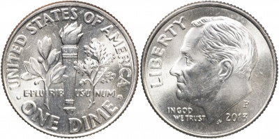 США. Монета 10 центов [Дайм]. 2013.P (KM#195a. Unc) Roosevelt Dime