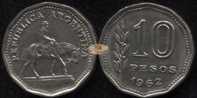 Аргентина. Монета 10 песо. 1962 (KM#60. aUnc)