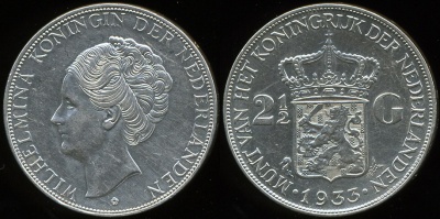 Нидерланды. 2 1/2 гульдена. 1933 (aUnc. Серебро)