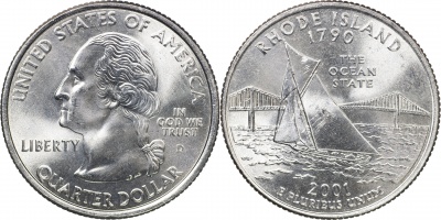 США. Монета 25 центов [Квотер]. 2001.D (KM#320. Unc) Род-Айленд