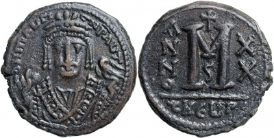 Византийская империя. Маврикий. Фоллис. VF+/aXF бронза. 601-602 Антиох
