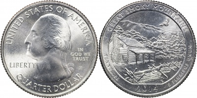 США. Монета 25 центов [Квотер]. 2014.P (KM#566. Unc) Great Smoky Mountains [Tennessee]