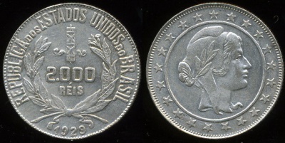 Бразилия. 2000 рейс. 1929 (aXF. Серебро)