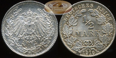 Германия (Кайзер Райх). 1/2 марки. 1918 (D) (XF+. Серебро)