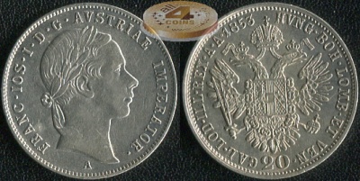 Австро-Венгрия. 20 крейцеров. 1853 A (XF. Серебро)