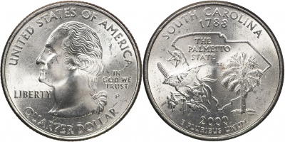 США. Монета 25 центов [Квотер]. 2000.P (KM#307. Unc) Южная Каролина