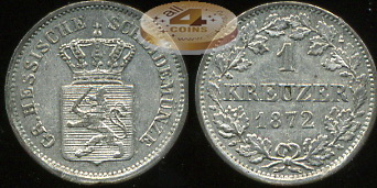 Германия (Гессен). 1 крейцер. 1872 (XF+. Серебро)
