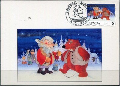 Латвия. 1997. Рождество. Дедушка Мороз и Медведь (Картмаксимум. Mint)