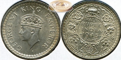Британская Индия. 1/2 рупии. 1945 (Unc. Серебро)