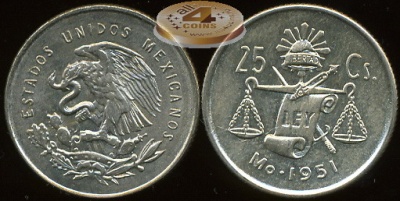Мексика. 25 центаво. 1951 (XF+. Серебро)