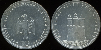 Германия [ФРГ]. 10 марок. 1989.J (Unc. Серебро)