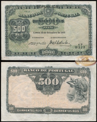 Португалия. Банкнота 500 рейс. 30.09.1910(1917). XF+. Бумага. Кат.# P.105a