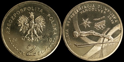 Польша. 2 злотых. 2010 (Unc) Польская сборная на Олимпиаде в Ванкувере. 2010
