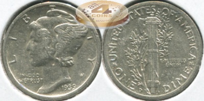 США. 10 центов [Дайм]. 1939.D (XF+. Серебро)