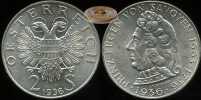Австрия. 2 шиллинга. 1936 (Unc. Серебро)
