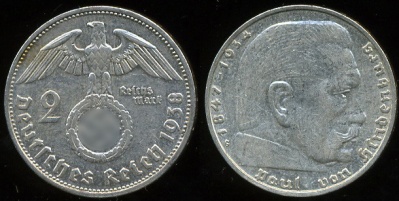 Германия (3й рейх). 2 марки. 1938 (XF. Серебро)