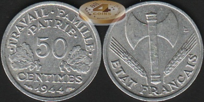 Франция. 50 центимов. 1944  (Unc)