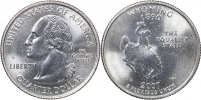 США. Монета 25 центов [Квотер]. 2007.D (KM#399. Unc) Вайоминг