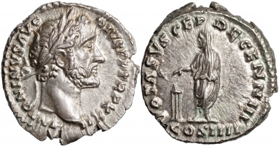 Римская империя. Антонин Пий. Денарий. aUnc серебро. 158-159 Рим