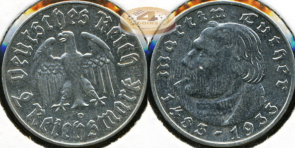 Германия (3й рейх). 2 марки. 1933 D (XF+. Серебро)
