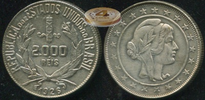 Бразилия. 2000 рейс. 1926 (aUnc. Серебро)