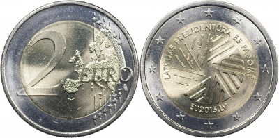 Латвия Монета 2 евро. 2015 (Unc. Биметалл) Председательство Латвии в Совете ЕС