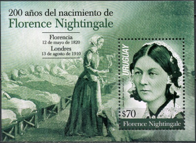 Уругвай. 2020. 200-летие со дня рождения Флоренс Найтингейл, 1820-1910 (Почтовый блок. MNH OG)