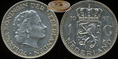 Нидерланды. 1 гульден. 1957 (XF. Серебро)