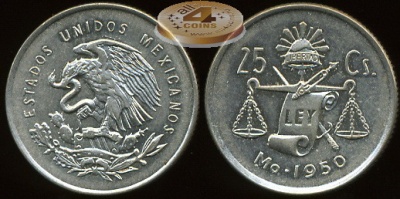 Мексика. 25 центаво. 1950 (XF+. Серебро)