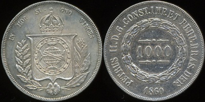 Бразилия. 1000 рейс. 1860 (aUnc. Серебро)