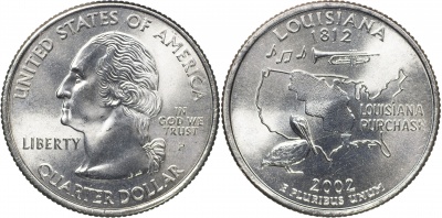 США. Монета 25 центов [Квотер]. 2002.P (KM#333. Unc) Луизиана